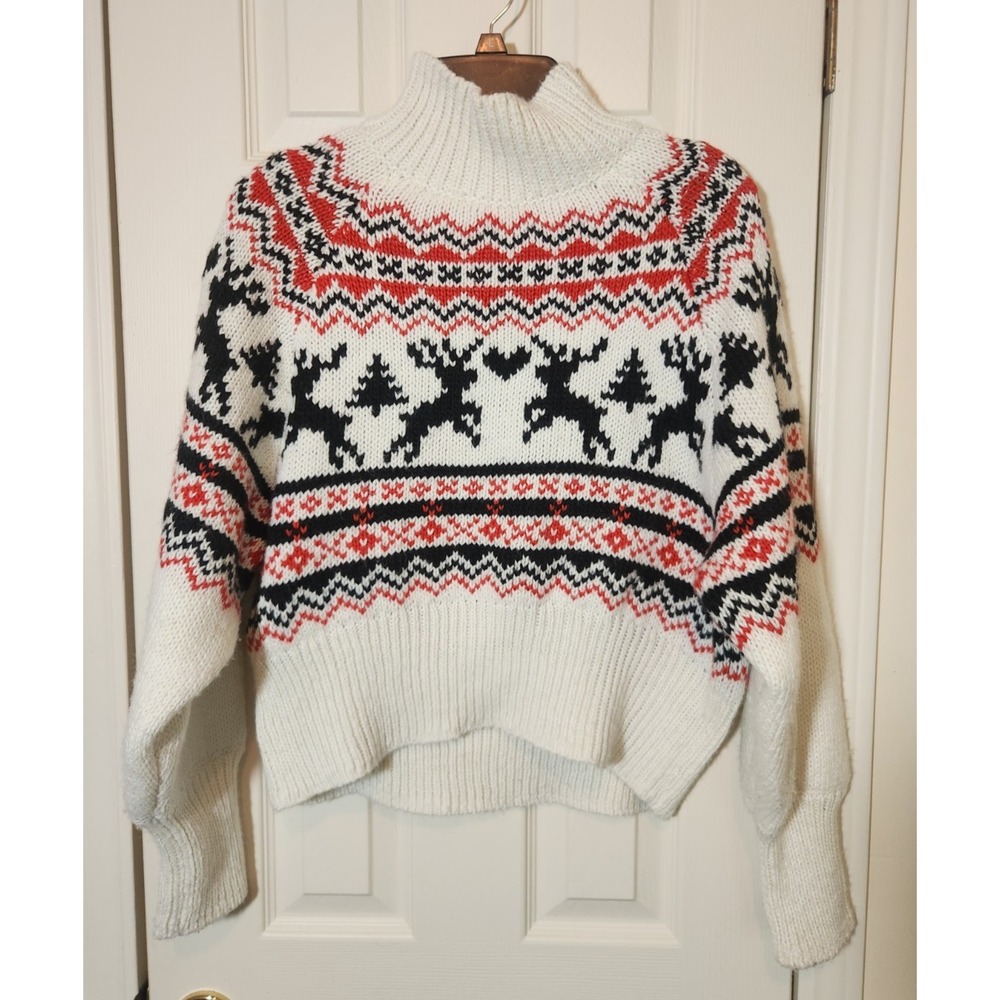 H&M Sweater Women Cropped Mock Turtleneck XS Deer Heart Winter Ski Nordic